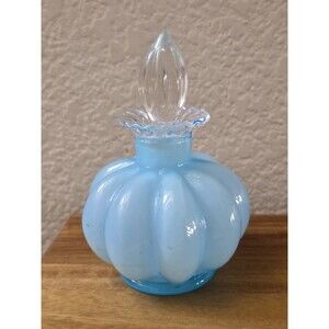 Vintage Fenton Blue Opaline Melon Glass Perfume Bottle with Stopper Art Glass